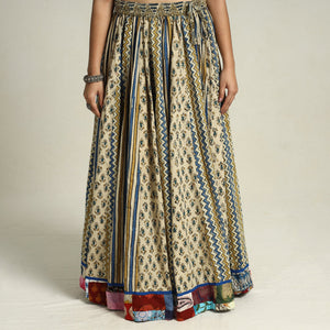 Beige - Ajrakh Block Printed 24 Kali Patchwork Cotton Long Skirt 36