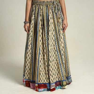 Beige - Ajrakh Block Printed 24 Kali Patchwork Cotton Long Skirt 36