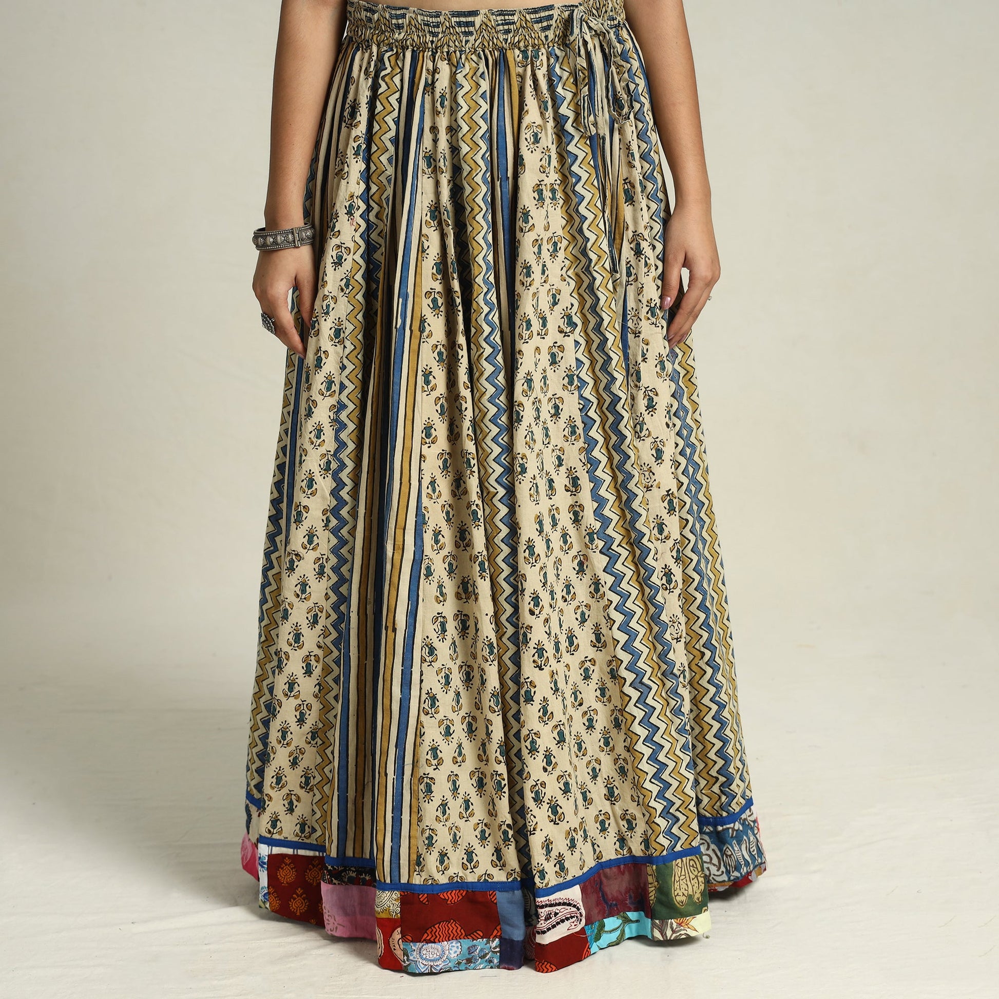Beige - Ajrakh Block Printed 24 Kali Patchwork Cotton Long Skirt 36
