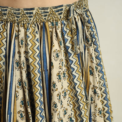 Beige - Ajrakh Block Printed 24 Kali Patchwork Cotton Long Skirt 36