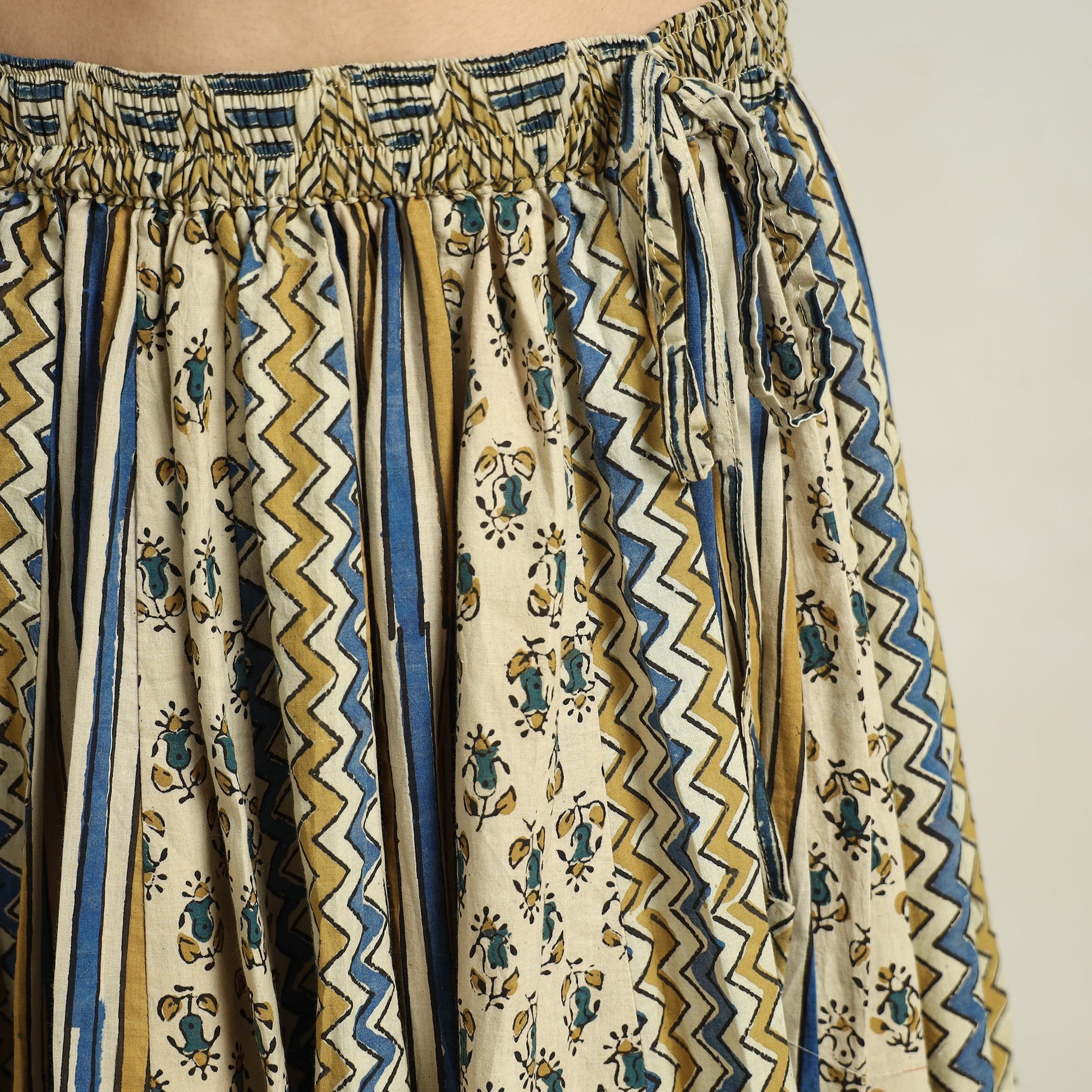 Beige - Ajrakh Block Printed 24 Kali Patchwork Cotton Long Skirt 36