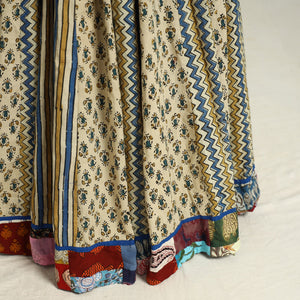 Beige - Ajrakh Block Printed 24 Kali Patchwork Cotton Long Skirt 36