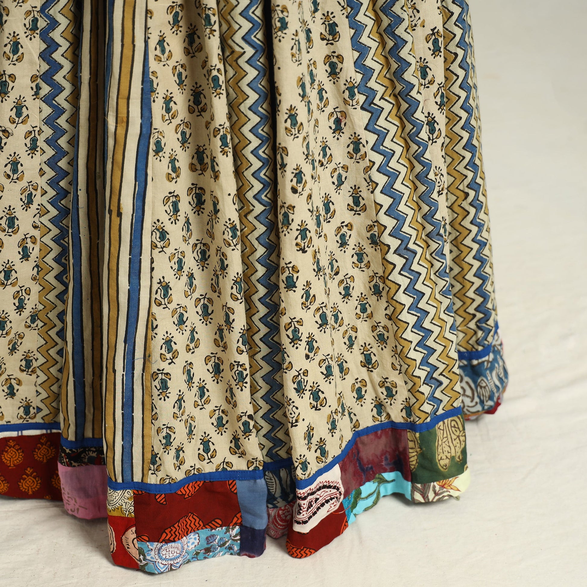 Beige - Ajrakh Block Printed 24 Kali Patchwork Cotton Long Skirt 36