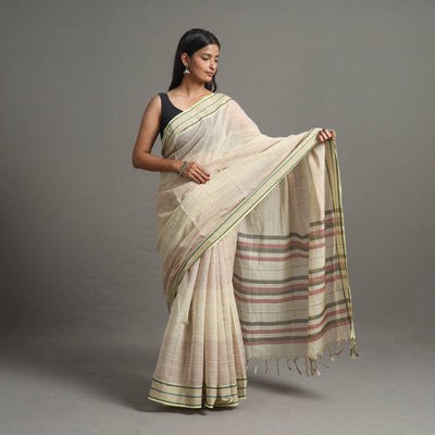 Beige - Narayanpet Checks Chakkar Dobby Cotton Handloom Saree 110
