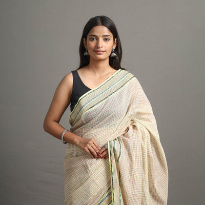 Beige - Narayanpet Checks Chakkar Dobby Cotton Handloom Saree 110