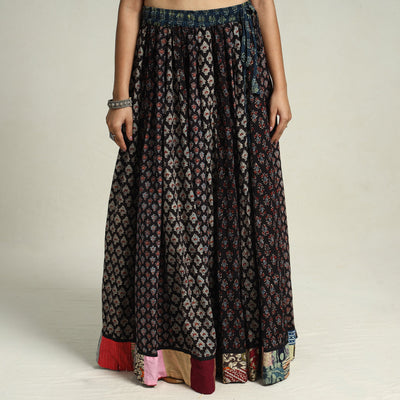 Black - Ajrakh Block Printed 24 Kali Patchwork Cotton Long Skirt 41