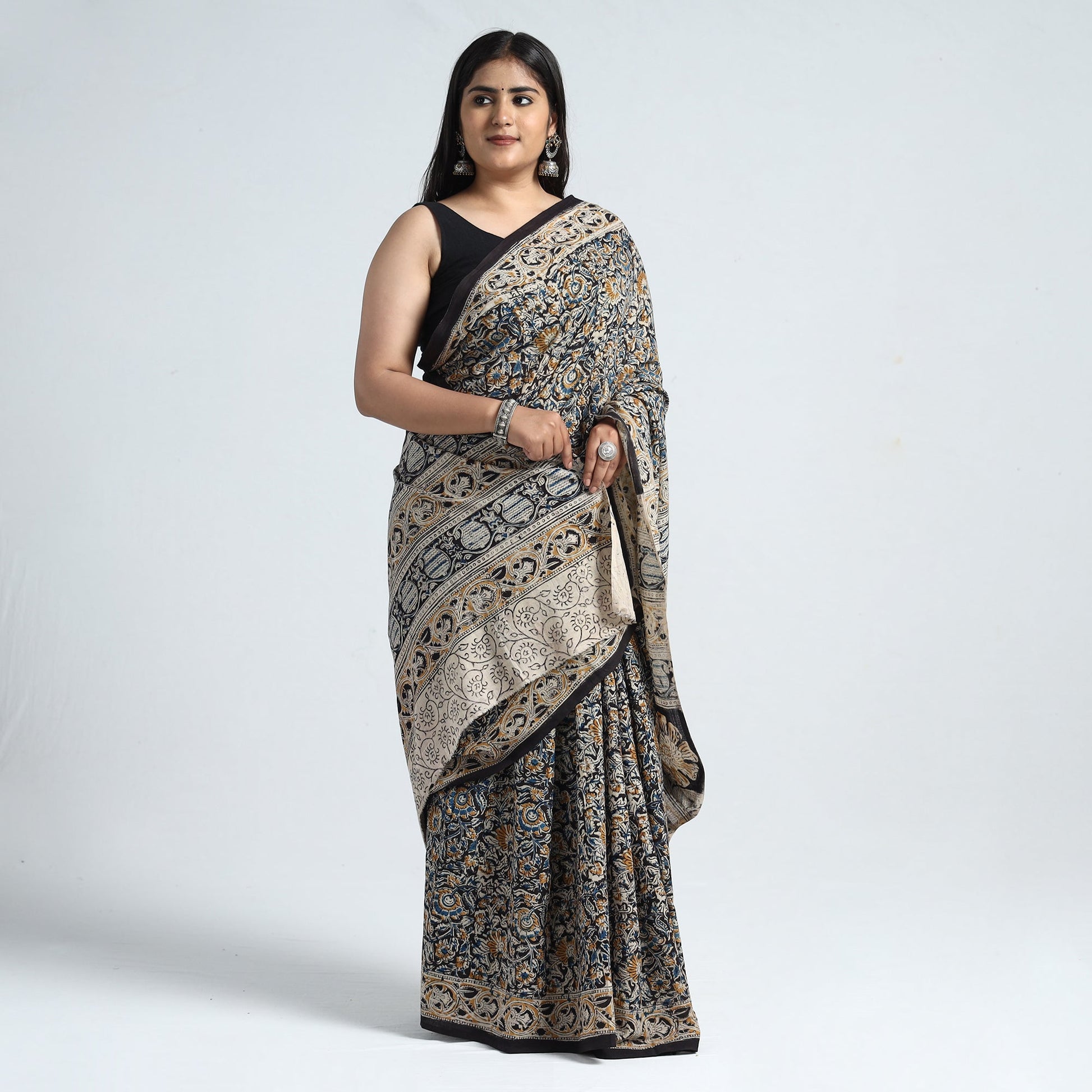Black - Pedana Block Print Cotton Kalamkari Saree 03