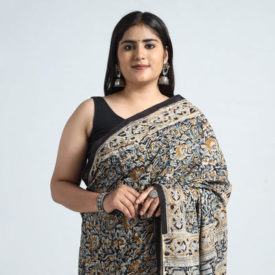 Black - Pedana Block Print Cotton Kalamkari Saree 03