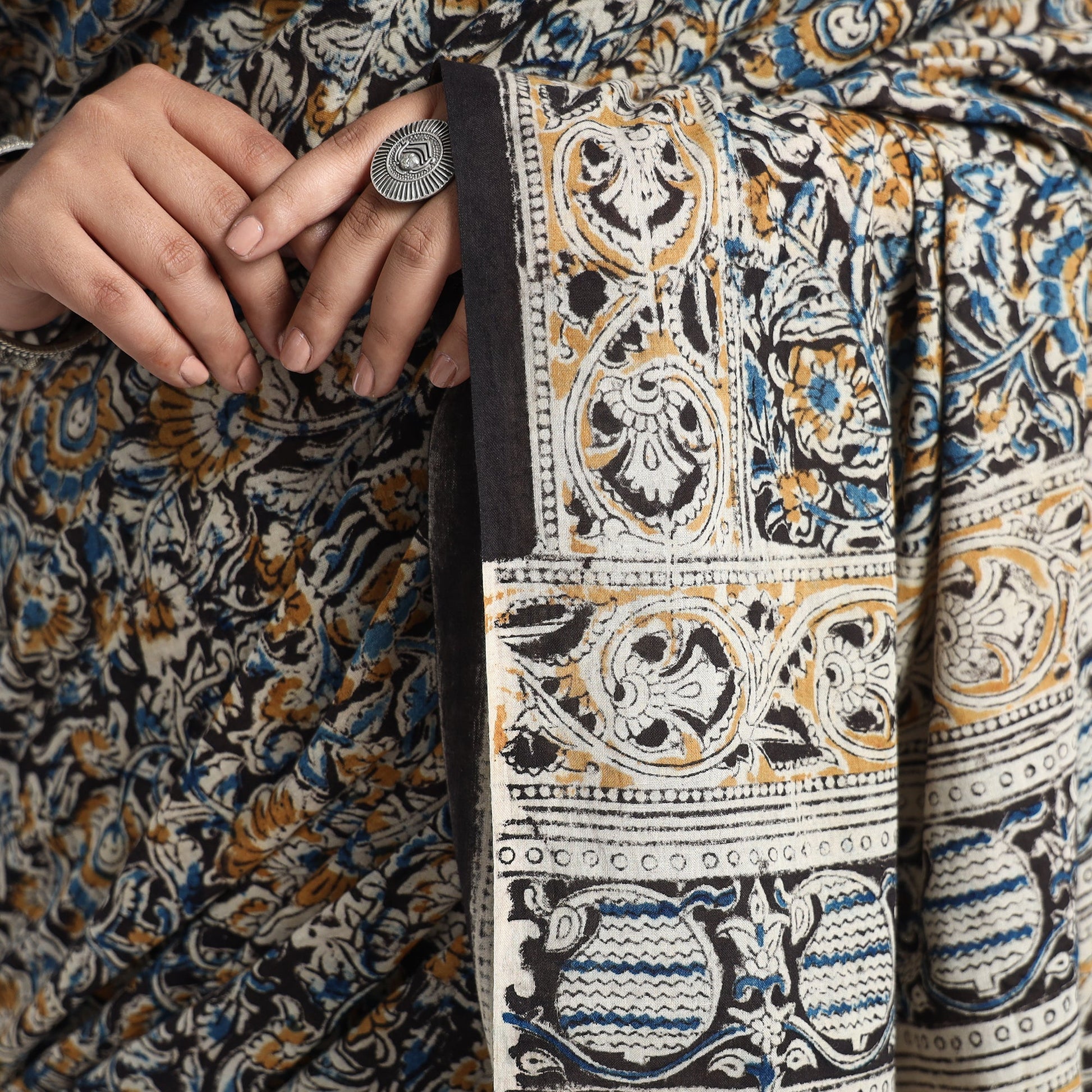 Black - Pedana Block Print Cotton Kalamkari Saree 03