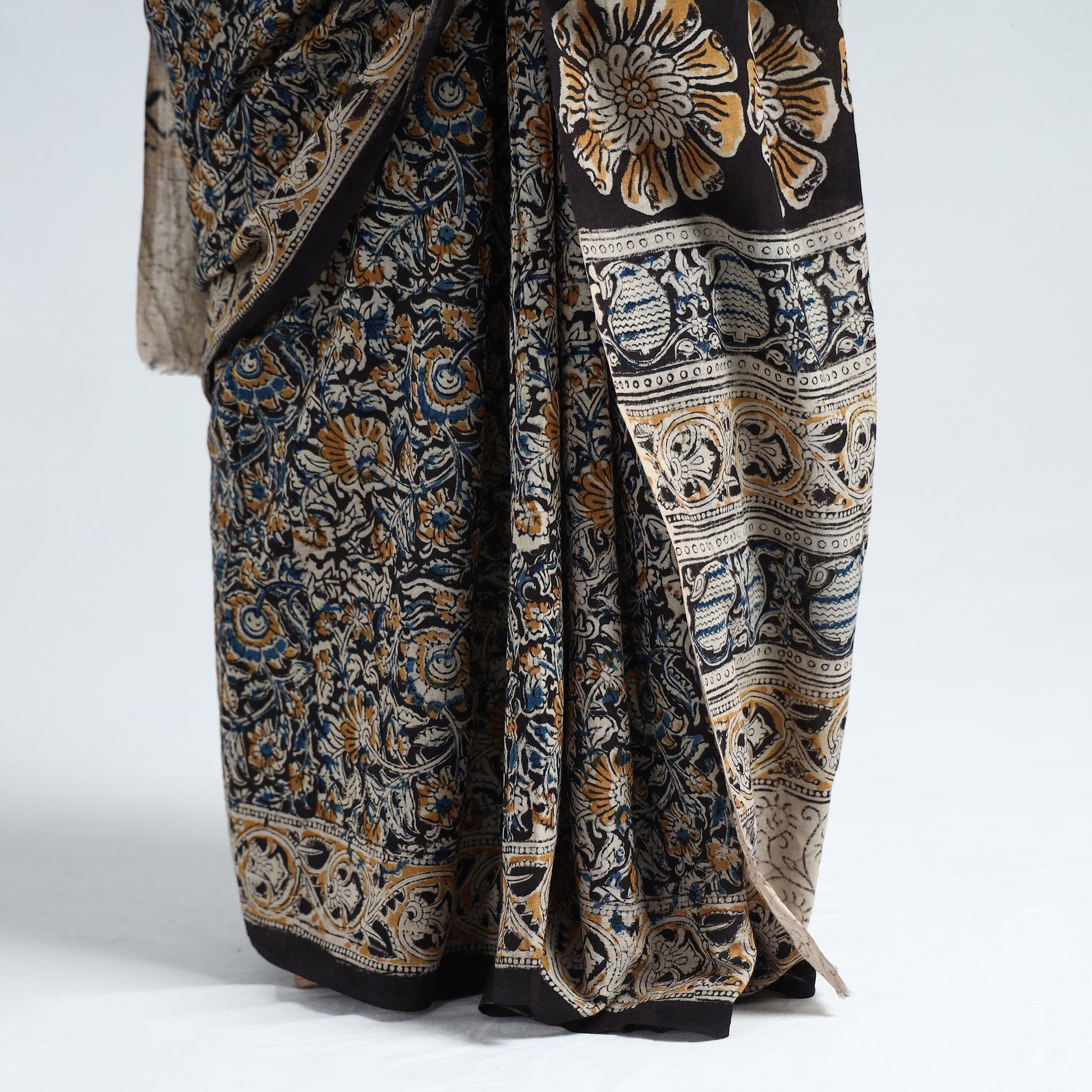 Black - Pedana Block Print Cotton Kalamkari Saree 03