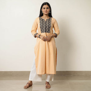 Beige - Plain Jhiri Handloom Cotton Long Straight Kurta 34
