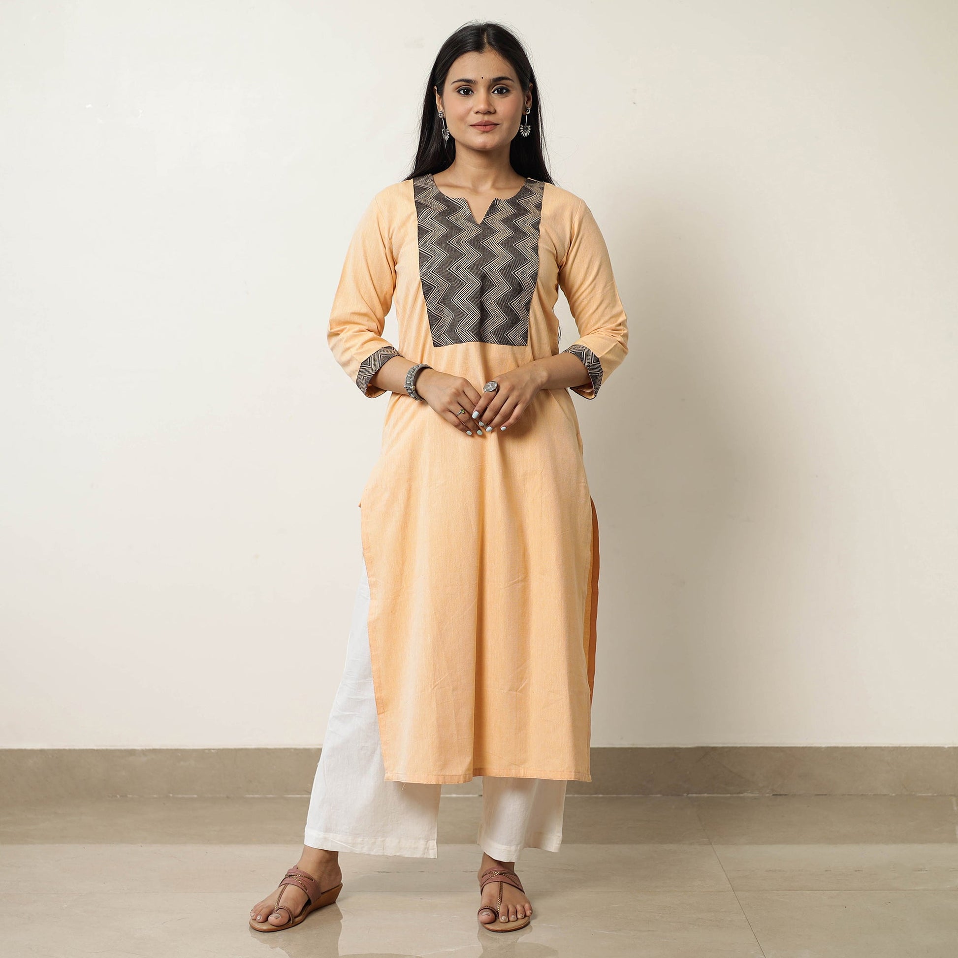 Beige - Plain Jhiri Handloom Cotton Long Straight Kurta 34