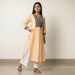 Beige - Plain Jhiri Handloom Cotton Long Straight Kurta 34