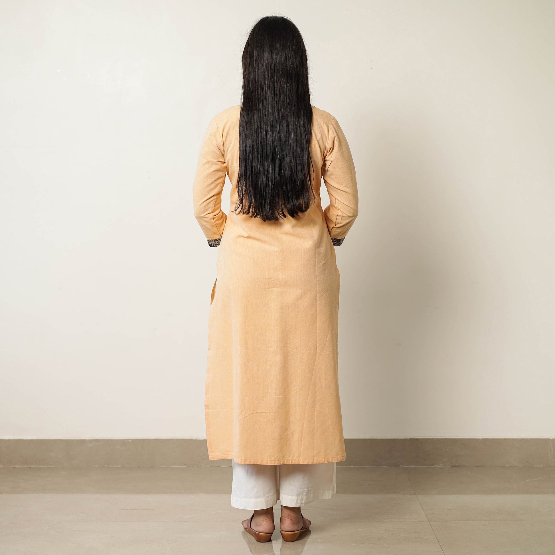 Beige - Plain Jhiri Handloom Cotton Long Straight Kurta 34