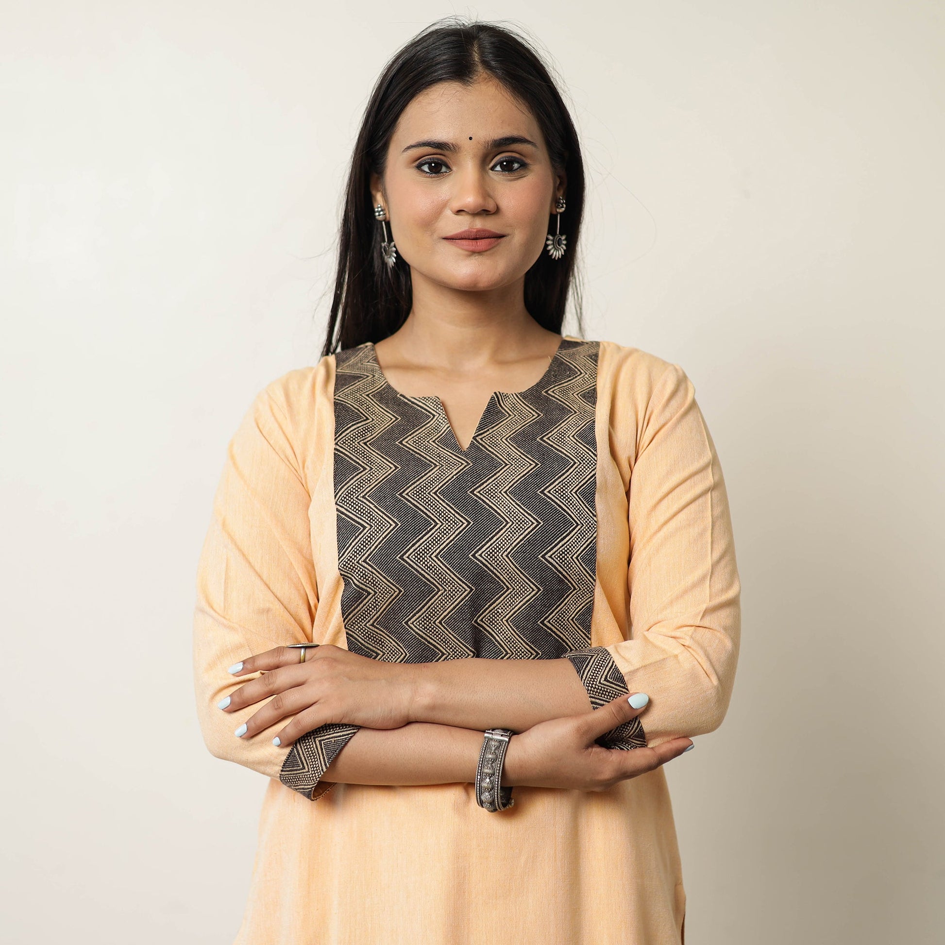 Beige - Plain Jhiri Handloom Cotton Long Straight Kurta 34