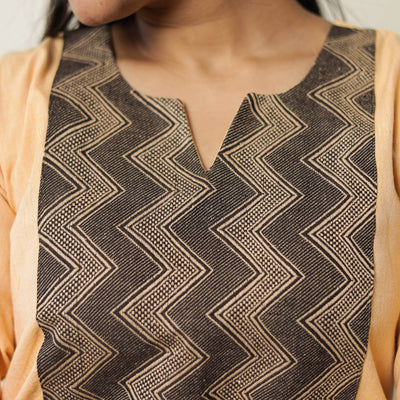 Beige - Plain Jhiri Handloom Cotton Long Straight Kurta 34