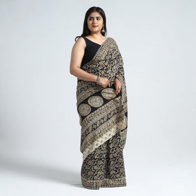 Black - Pedana Block Print Cotton Kalamkari Saree 04