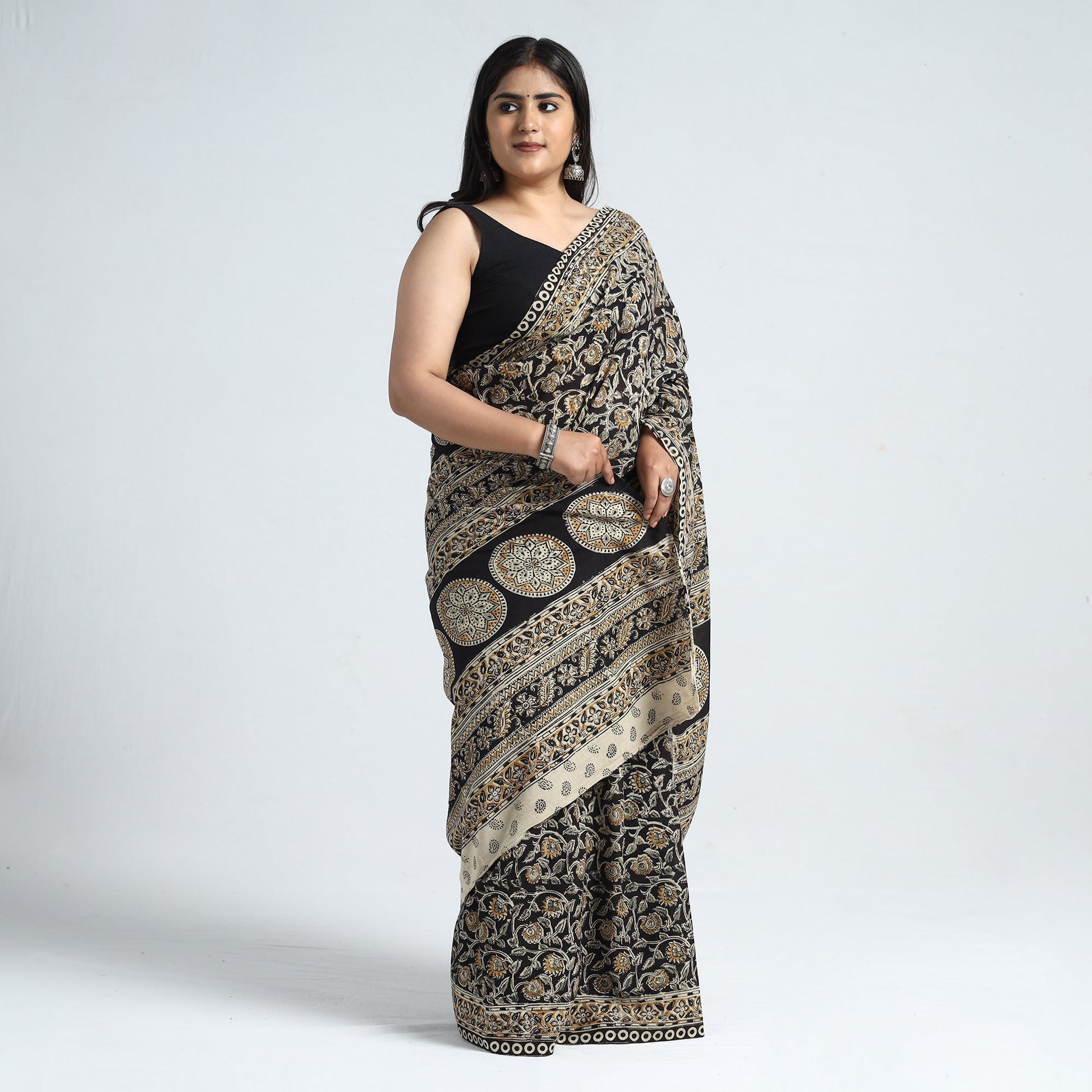 Black - Pedana Block Print Cotton Kalamkari Saree 04