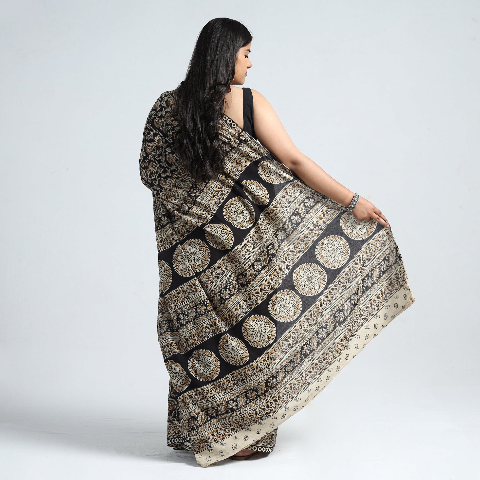 Black - Pedana Block Print Cotton Kalamkari Saree 04