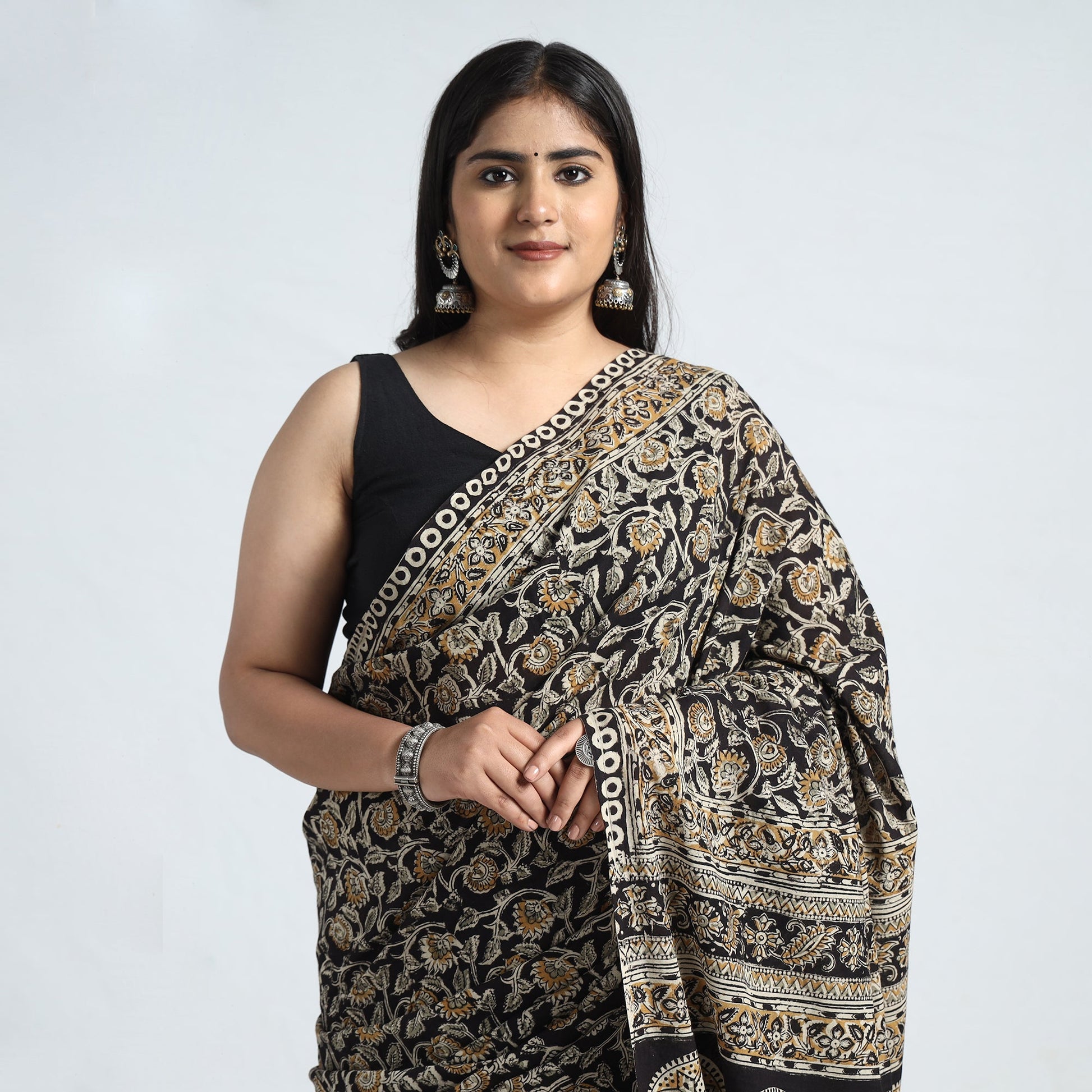 Black - Pedana Block Print Cotton Kalamkari Saree 04