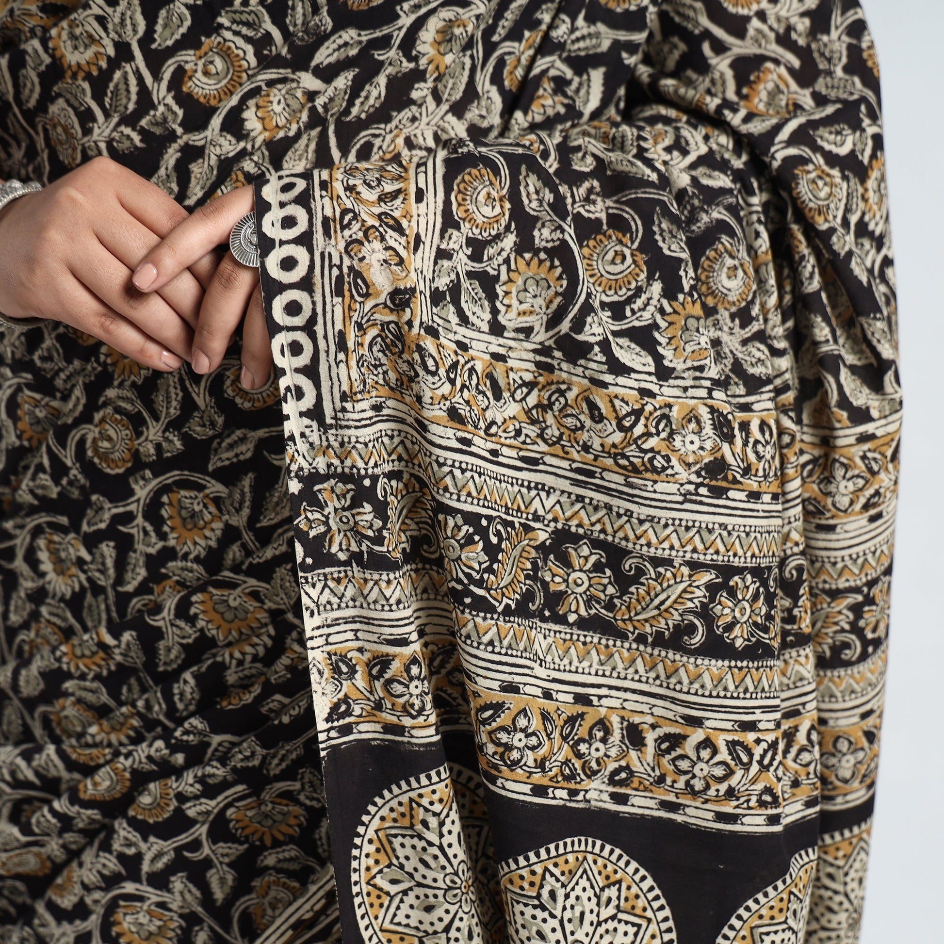 Black - Pedana Block Print Cotton Kalamkari Saree 04