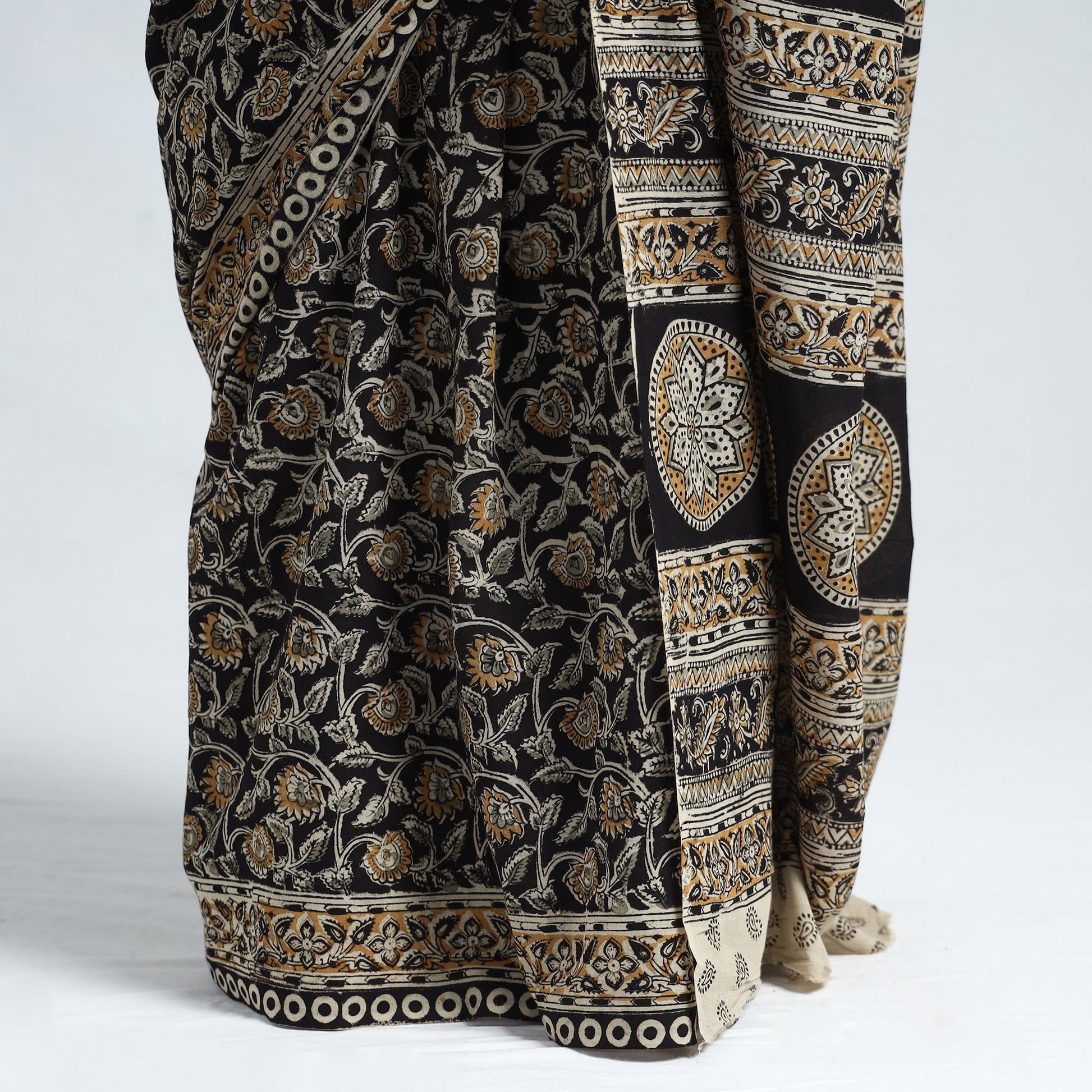 Black - Pedana Block Print Cotton Kalamkari Saree 04