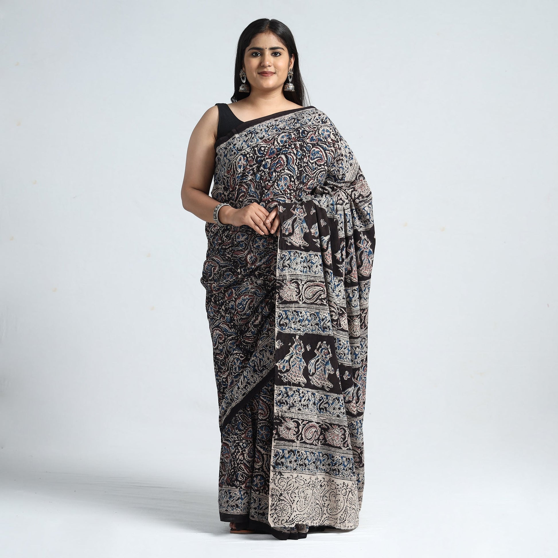 Black - Pedana Block Print Cotton Kalamkari Saree 05
