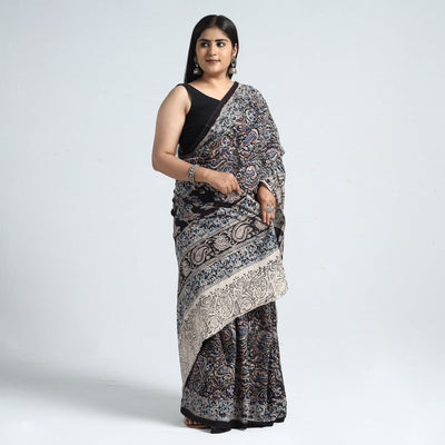 Black - Pedana Block Print Cotton Kalamkari Saree 05
