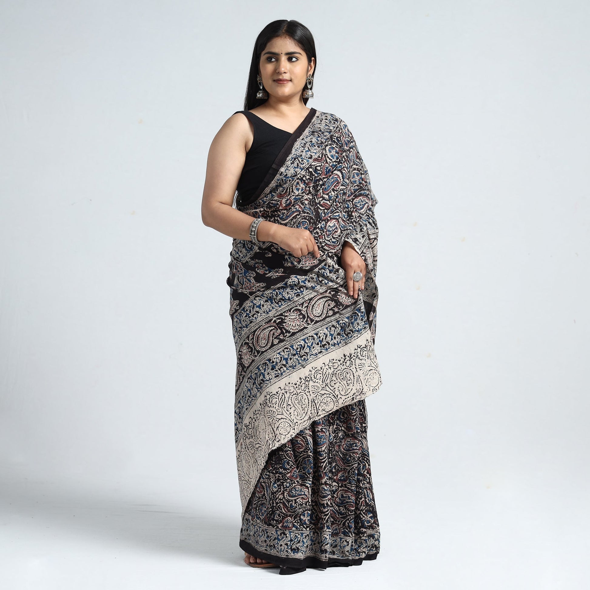 Black - Pedana Block Print Cotton Kalamkari Saree 05