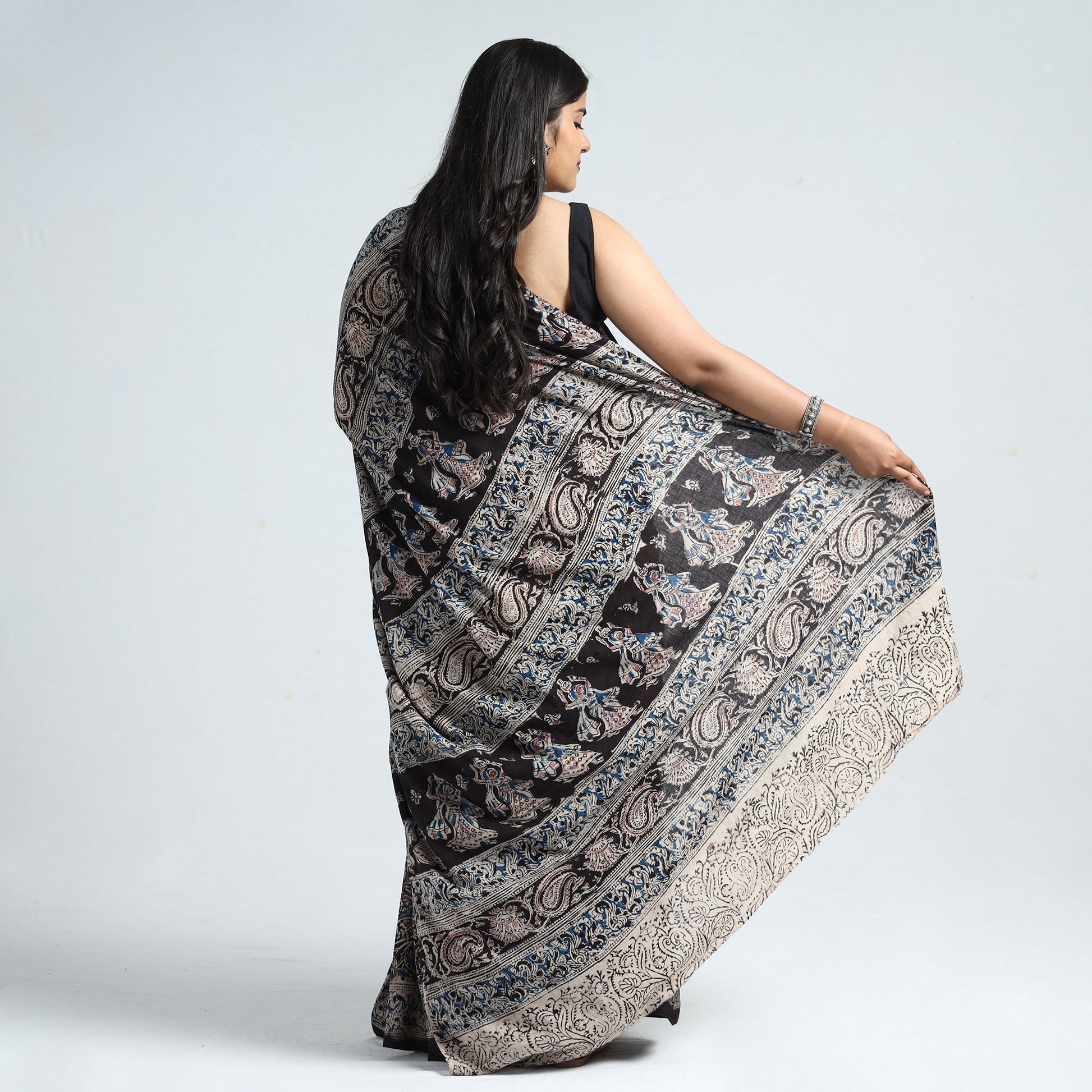 Black - Pedana Block Print Cotton Kalamkari Saree 05
