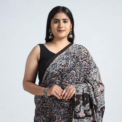Black - Pedana Block Print Cotton Kalamkari Saree 05