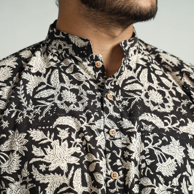 Black - Bagru Block Printed Cotton Men Short Kurta