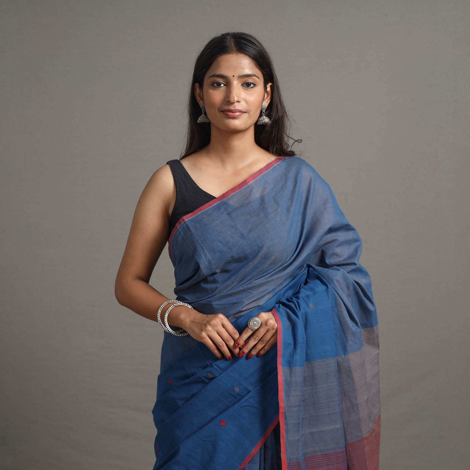 Blue - Half and Half Buta Cotton Handloom Saree 120