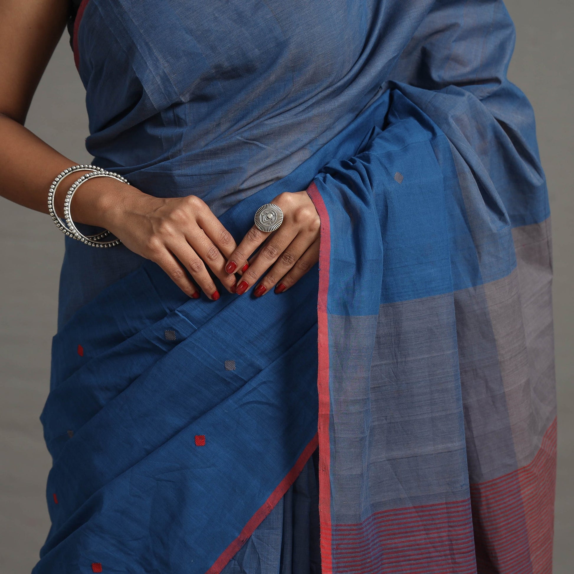 Blue - Half and Half Buta Cotton Handloom Saree 120