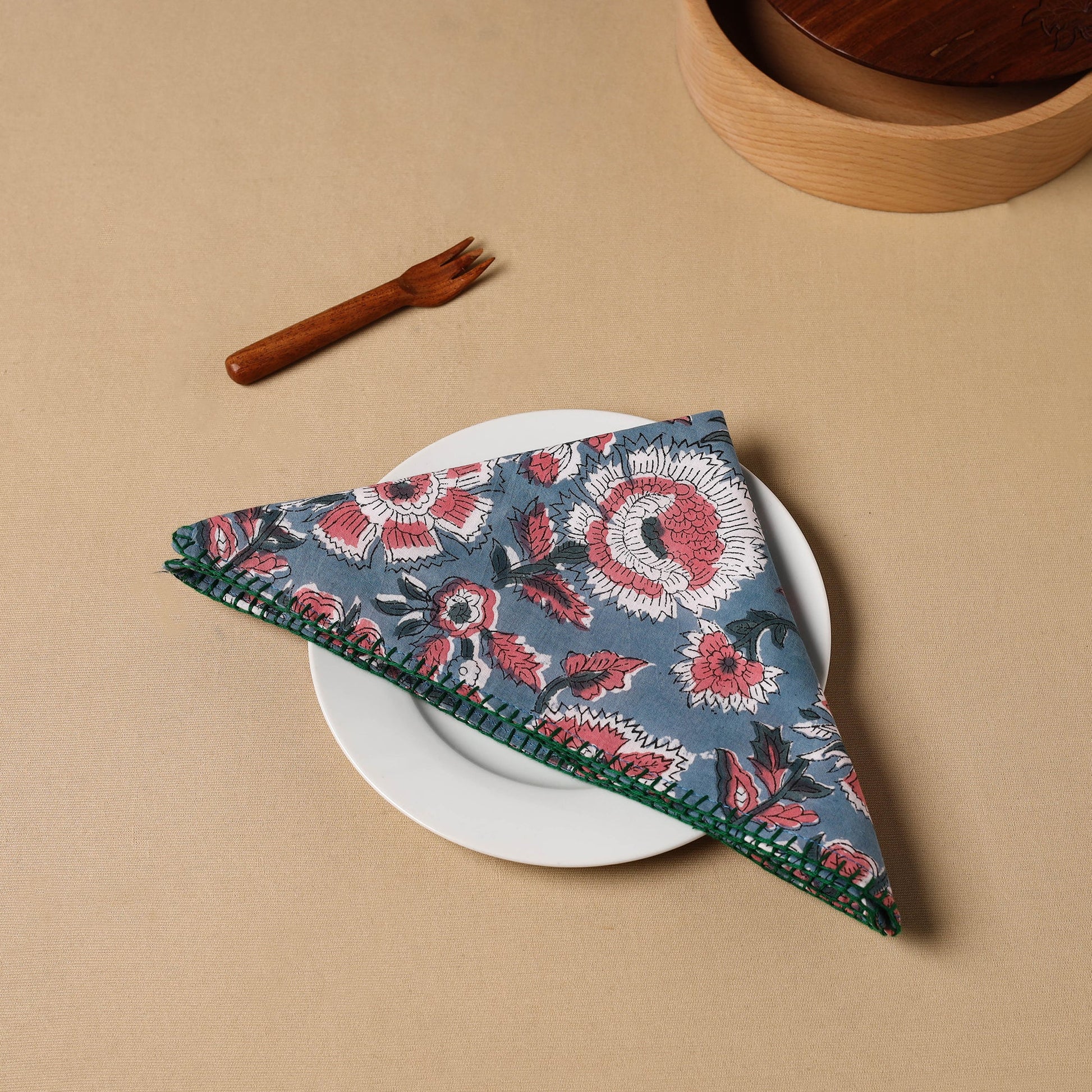 Blue - Floral Block Print Cotton Hand Embroidery Table Napkin 05