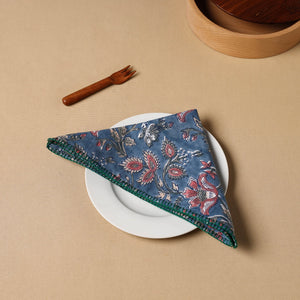 Blue - Floral Block Print Cotton Hand Embroidery Table Napkin 08