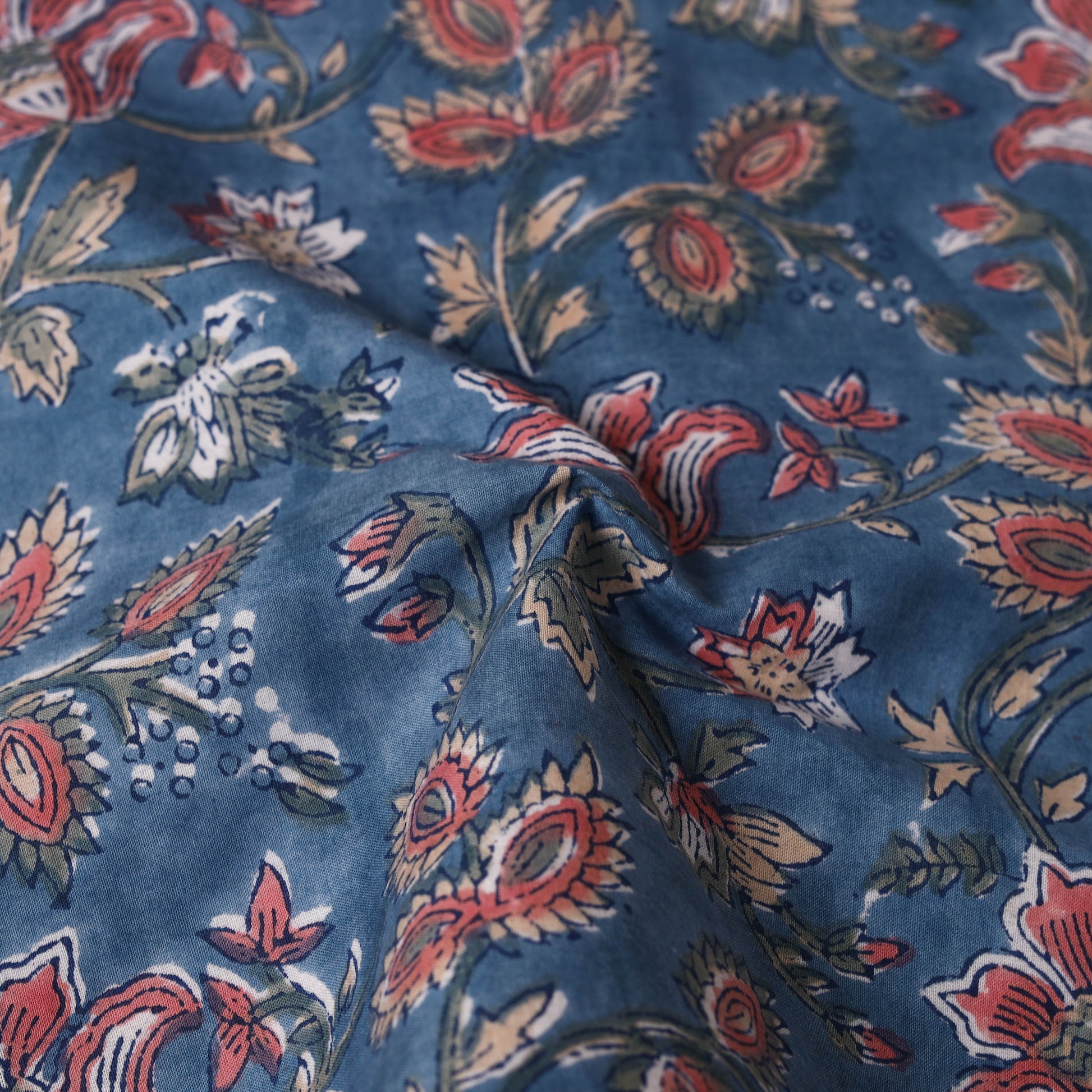 Blue - Floral Block Print Cotton Hand Embroidery Table Napkin 08