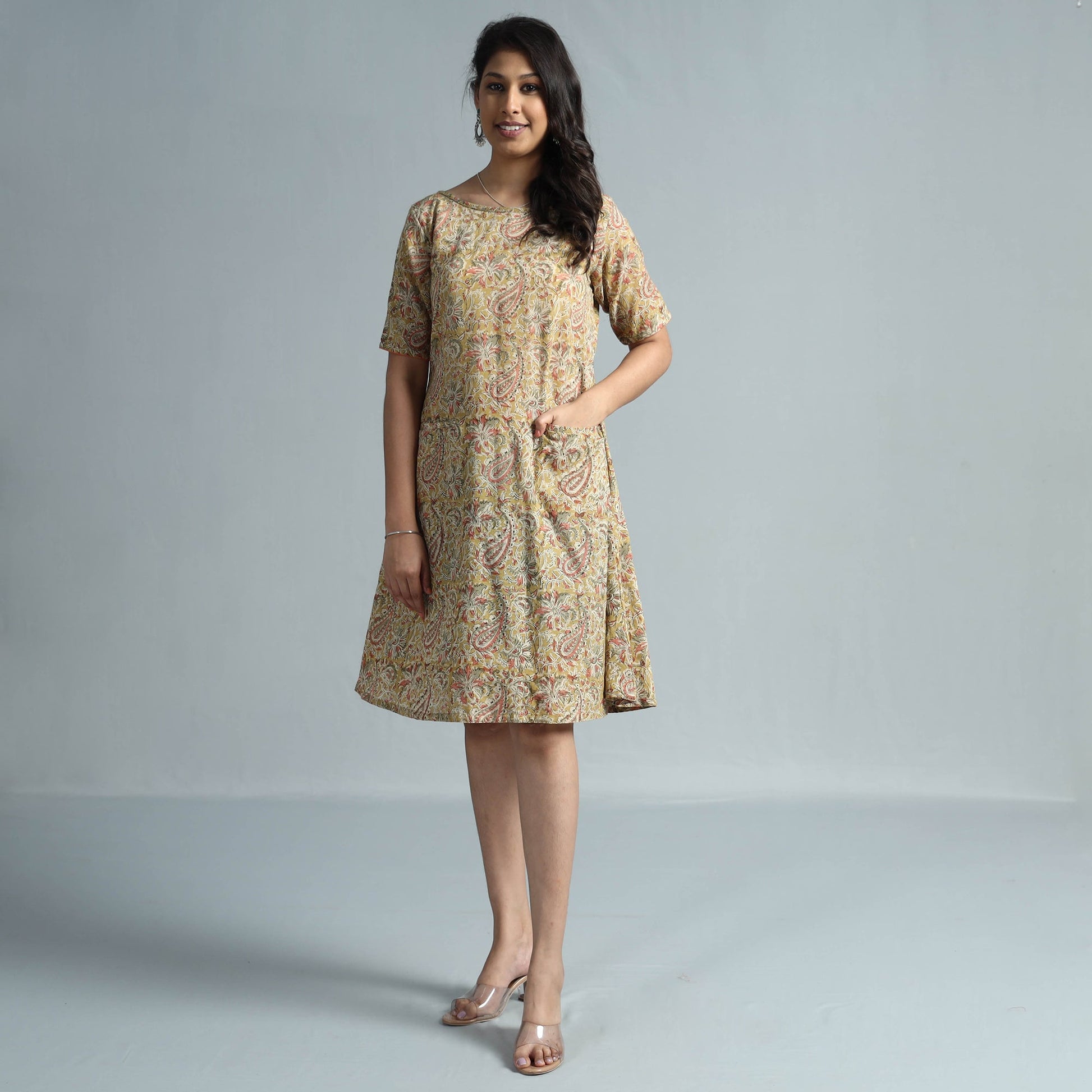 Beige - Kalamkari Block Printed Mul Cotton Flare Dress