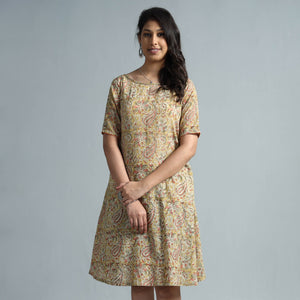 Beige - Kalamkari Block Printed Mul Cotton Flare Dress