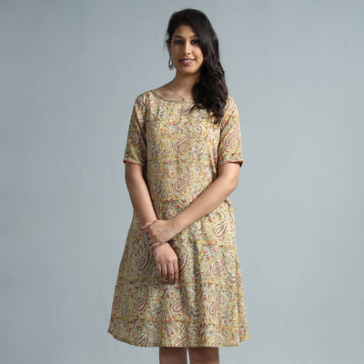 Beige - Kalamkari Block Printed Mul Cotton Flare Dress