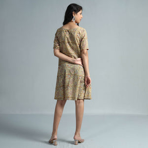 Beige - Kalamkari Block Printed Mul Cotton Flare Dress