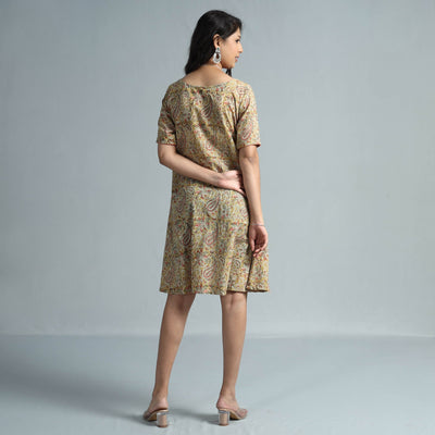 Beige - Kalamkari Block Printed Mul Cotton Flare Dress