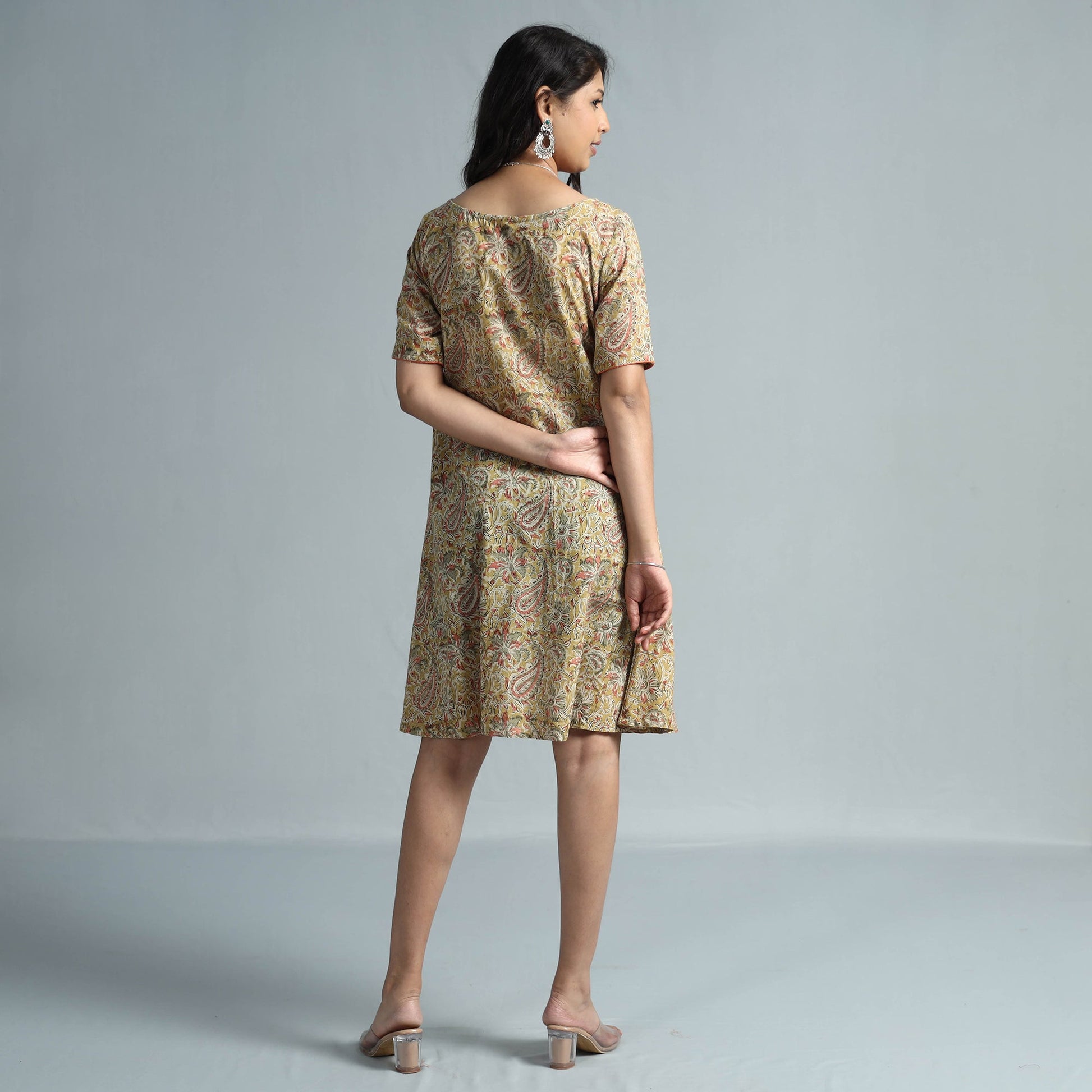 Beige - Kalamkari Block Printed Mul Cotton Flare Dress