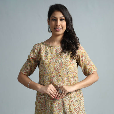 Beige - Kalamkari Block Printed Mul Cotton Flare Dress