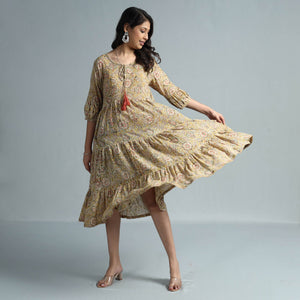 Beige - Kalamkari Block Printed Mul Cotton Flared Gher Dress