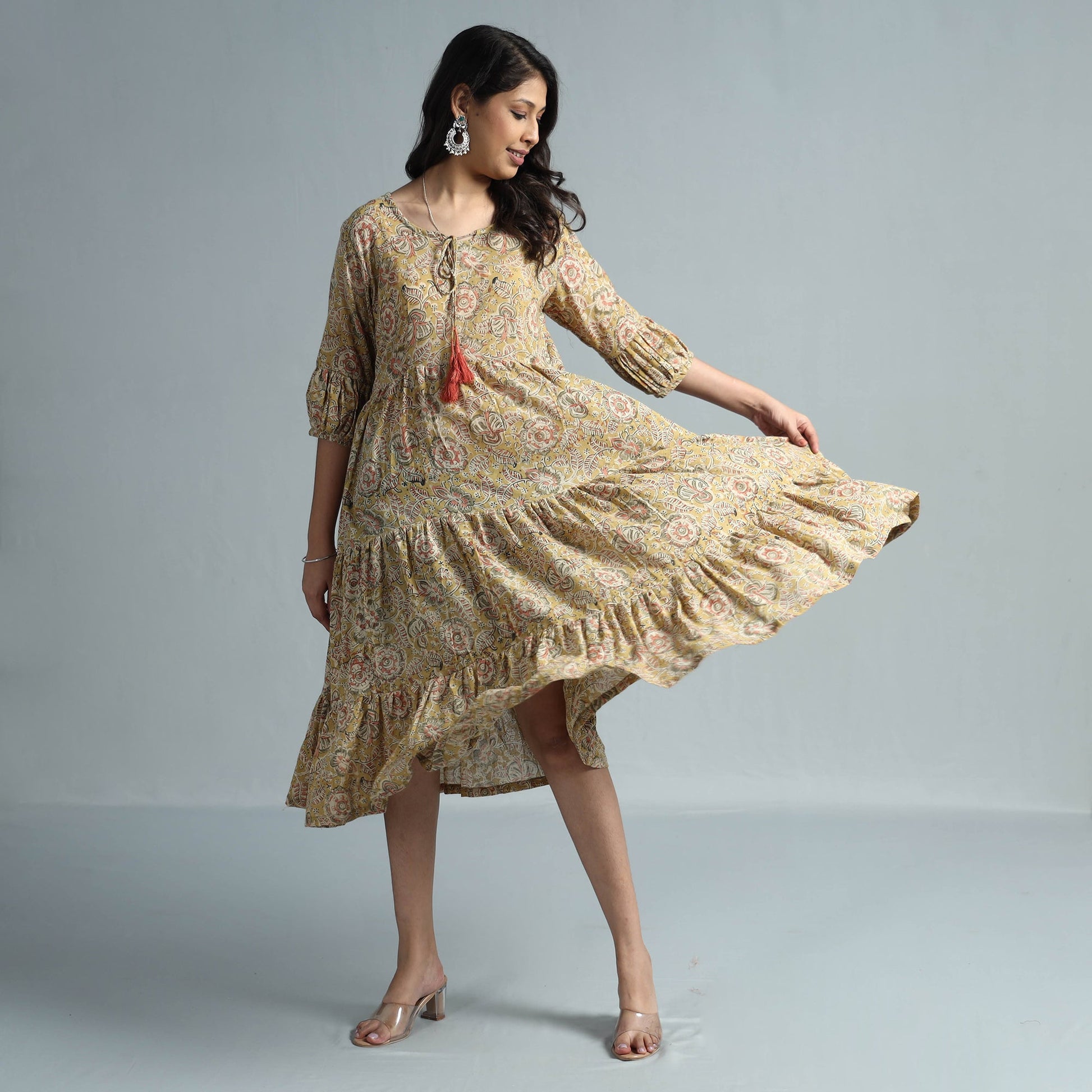 Beige - Kalamkari Block Printed Mul Cotton Flared Gher Dress