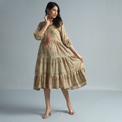 Beige - Kalamkari Block Printed Mul Cotton Flared Gher Dress