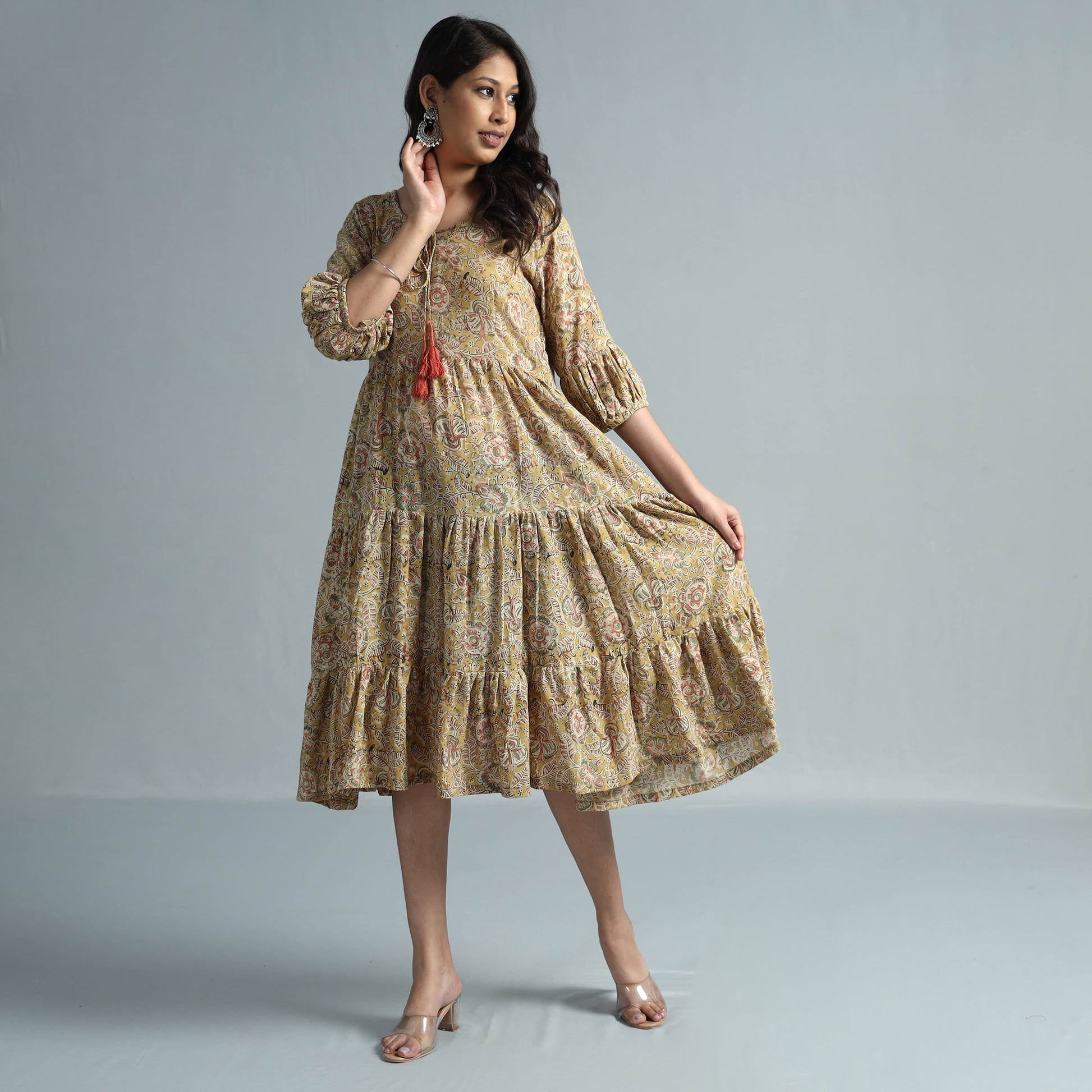 Beige - Kalamkari Block Printed Mul Cotton Flared Gher Dress