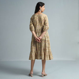 Beige - Kalamkari Block Printed Mul Cotton Flared Gher Dress