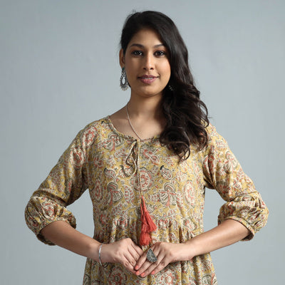 Beige - Kalamkari Block Printed Mul Cotton Flared Gher Dress